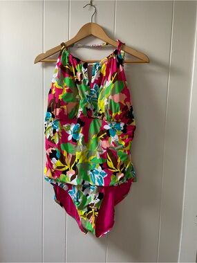 NWT Floral Tank One-Piece Swimsuit in Bright Pink